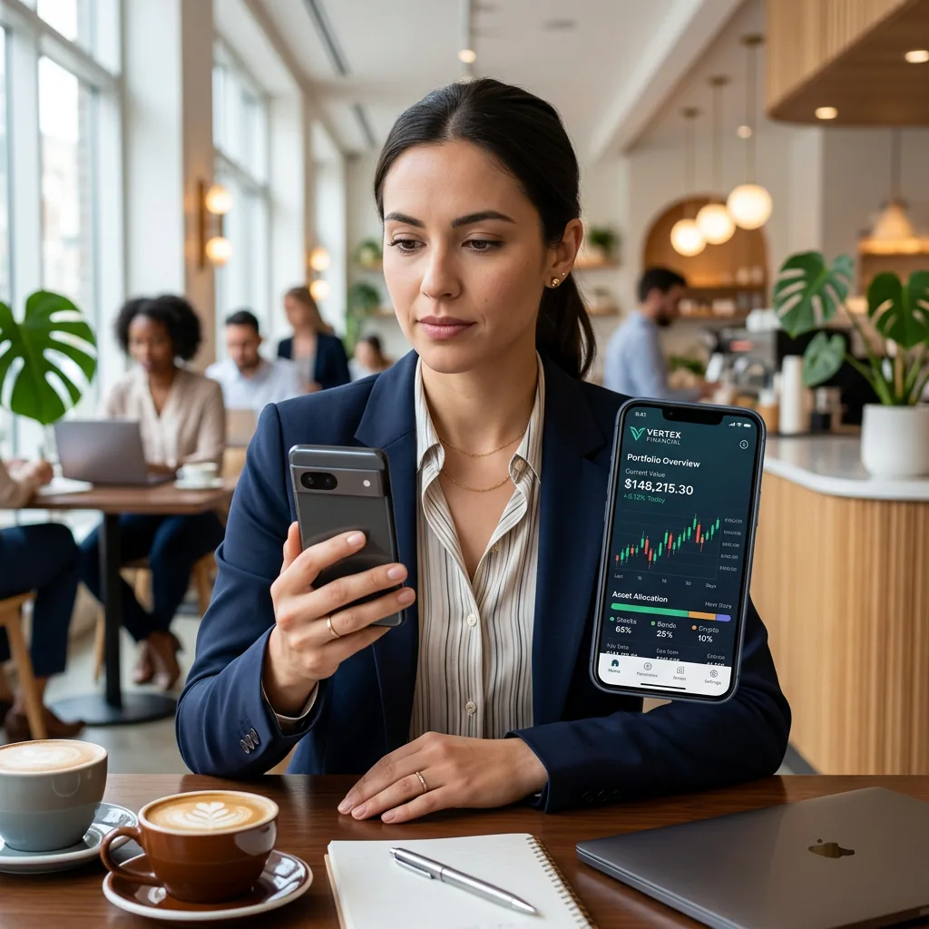 Person holding a smartphone displaying a clean financial application in a modern cafe