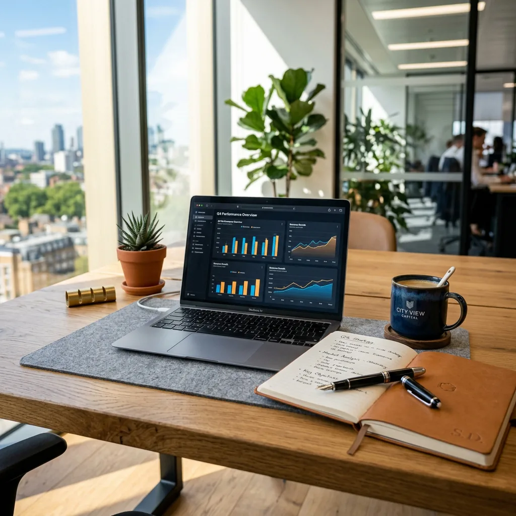 Neatly organized desk with a modern laptop displaying financial charts in morning sunlight