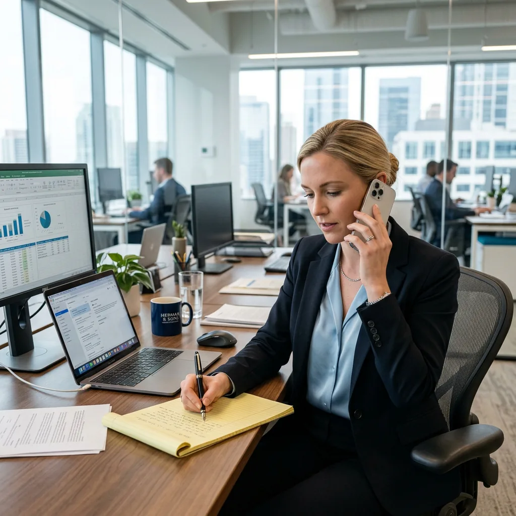 Professional on a serious phone call taking notes on a legal pad in a bright office