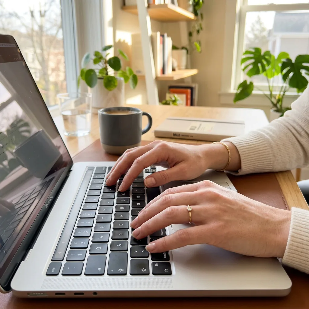 Close-up of hands typing on a laptop keyboard in warm morning sunlight