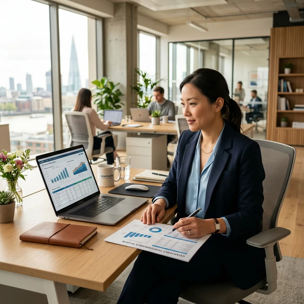 Professional woman reviewing financial documents on a laptop in a bright office