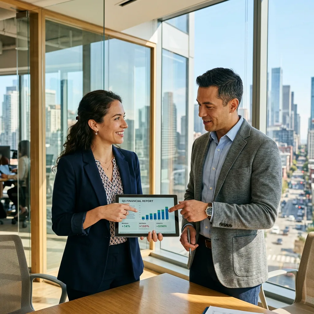 Two colleagues discussing a financial document over a tablet in a sunny modern meeting room