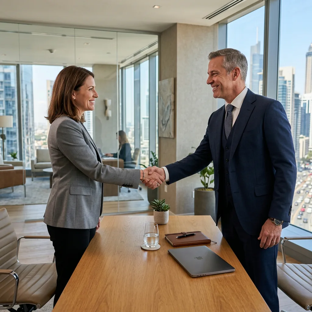 Financial advisor shaking hands with a client in a bright upscale office