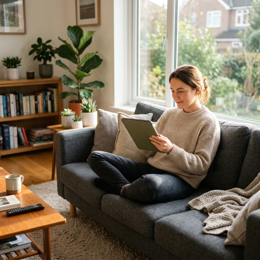 Person sitting comfortably on a modern sofa looking at a tablet in a sunny living room
