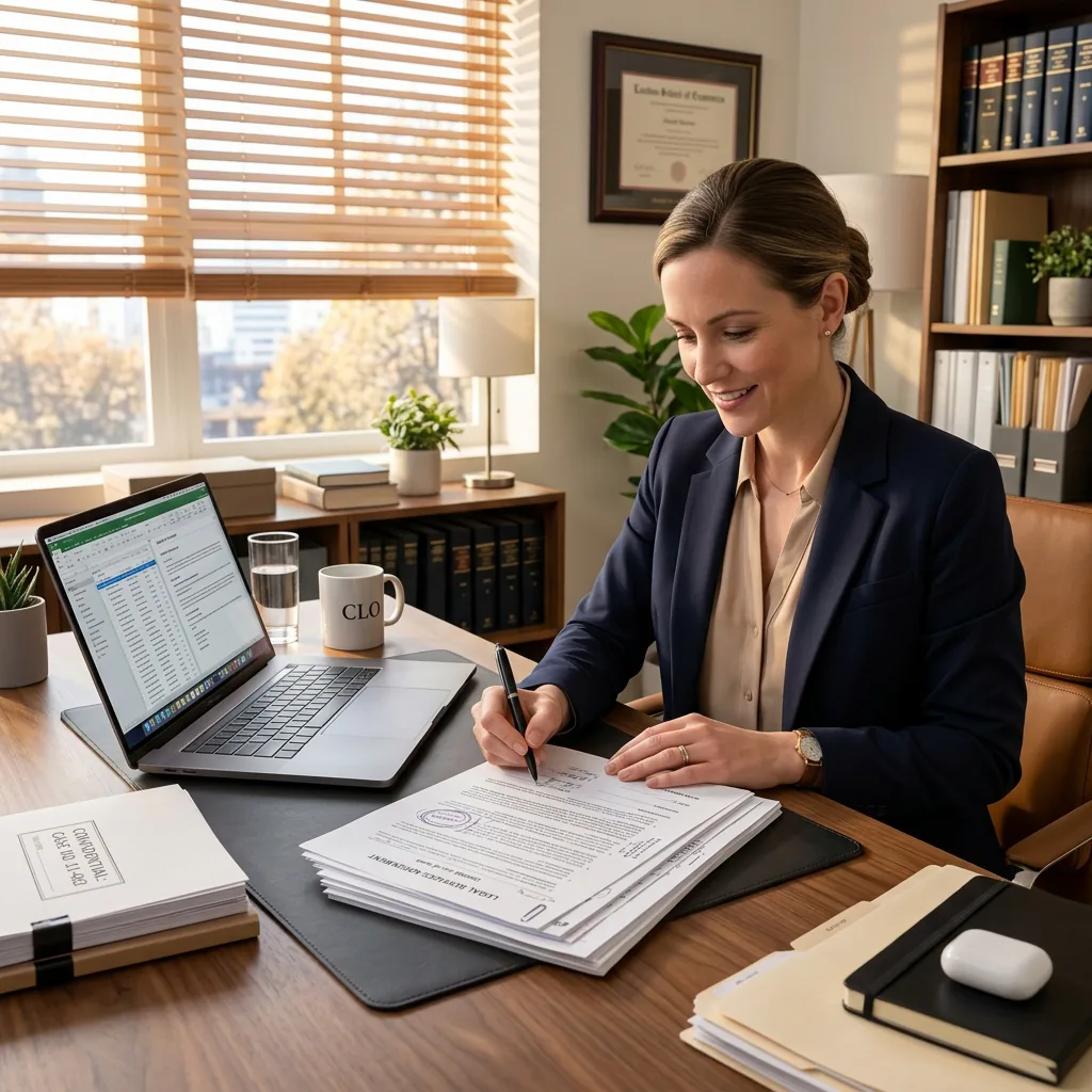 Professional carefully reviewing printed legal documents alongside a laptop