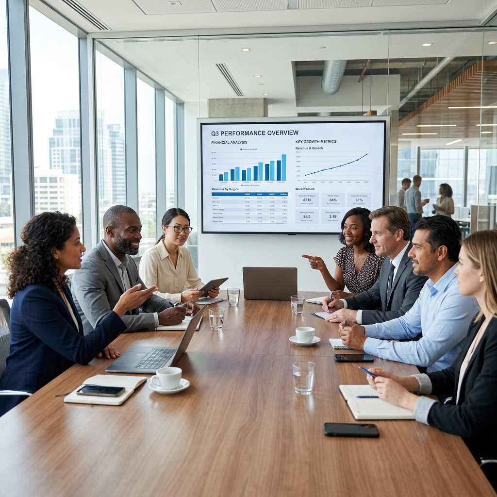 Diverse corporate team collaborating in a well-lit modern boardroom