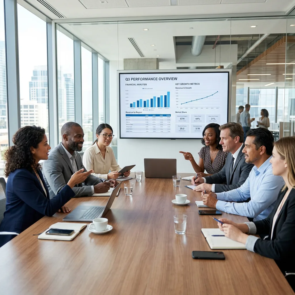 Diverse corporate team collaborating in a well-lit modern boardroom