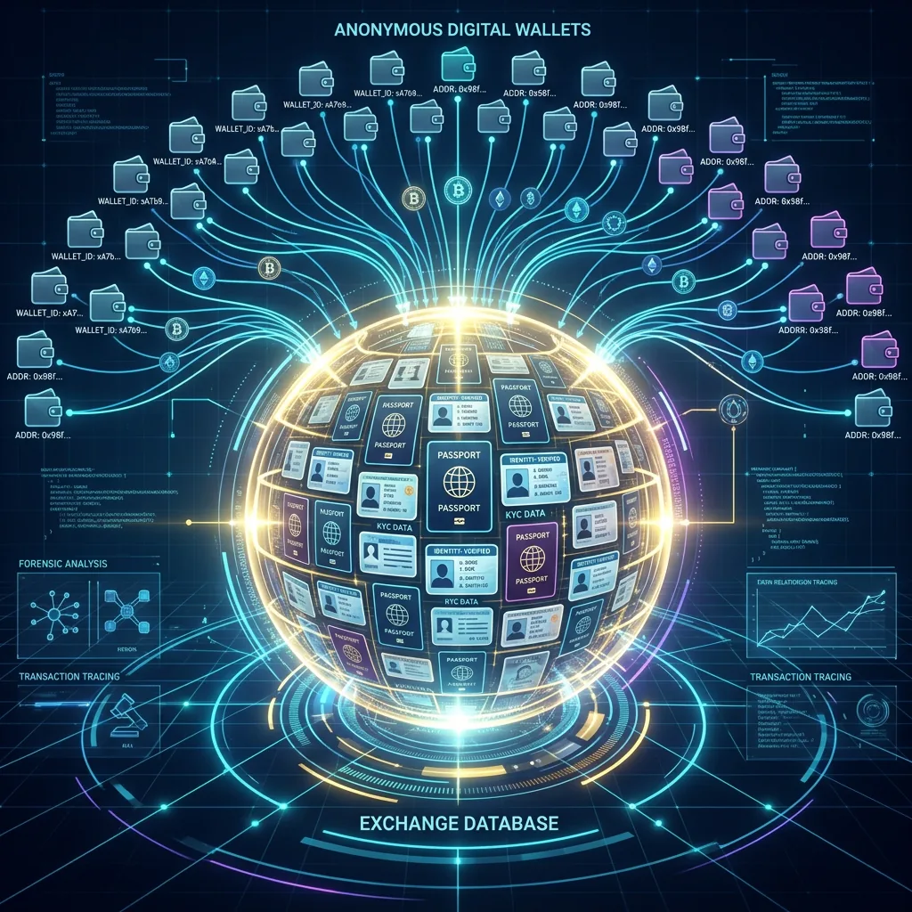 A visualization showing digital wallets connecting to a central exchange identity verification database