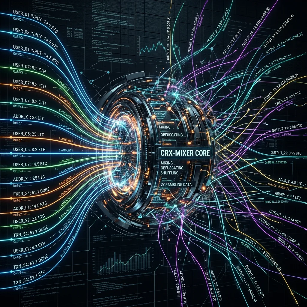 Visualization of a cryptocurrency mixer scrambling inputs and outputs