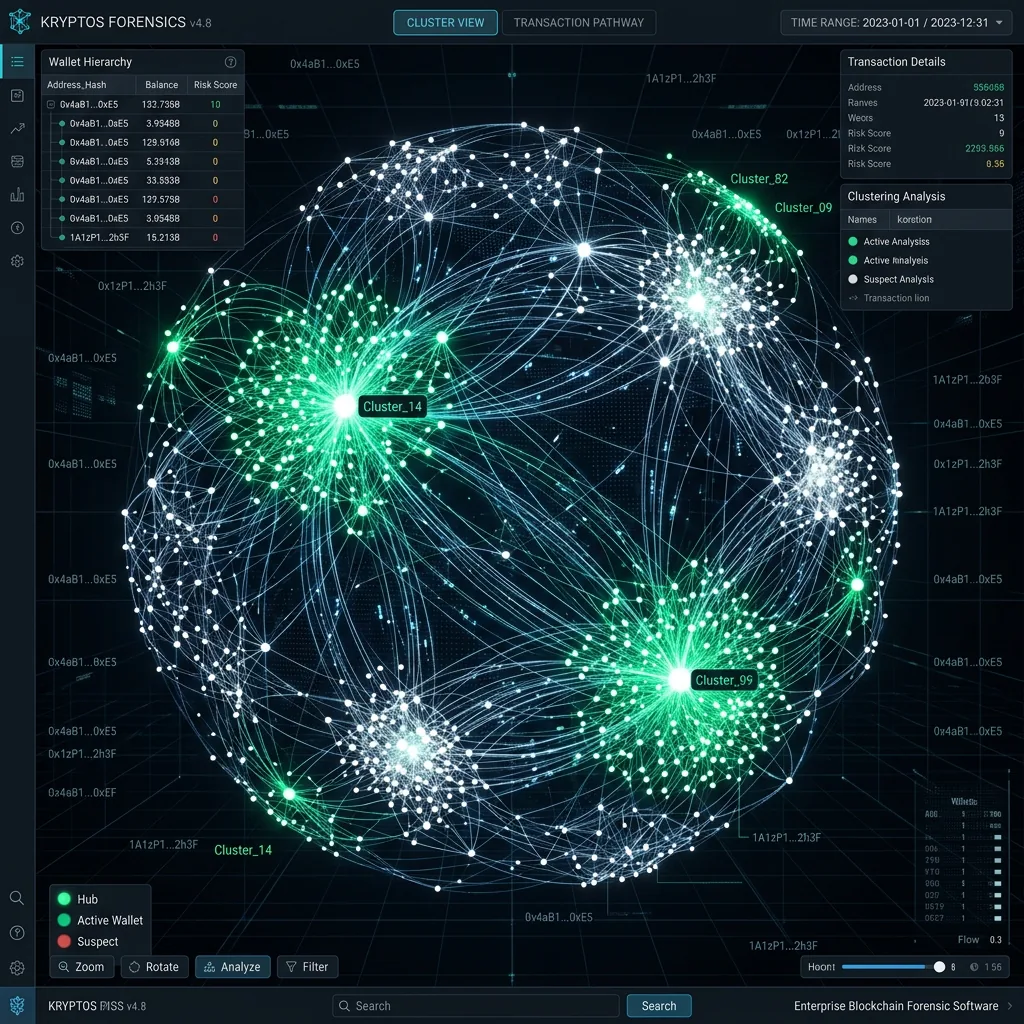 A complex 3D network graph showing thousands of cryptocurrency wallets interconnected by transaction lines