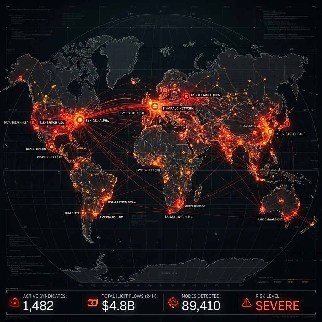 Abstract visualization of a massive scam syndicate network
