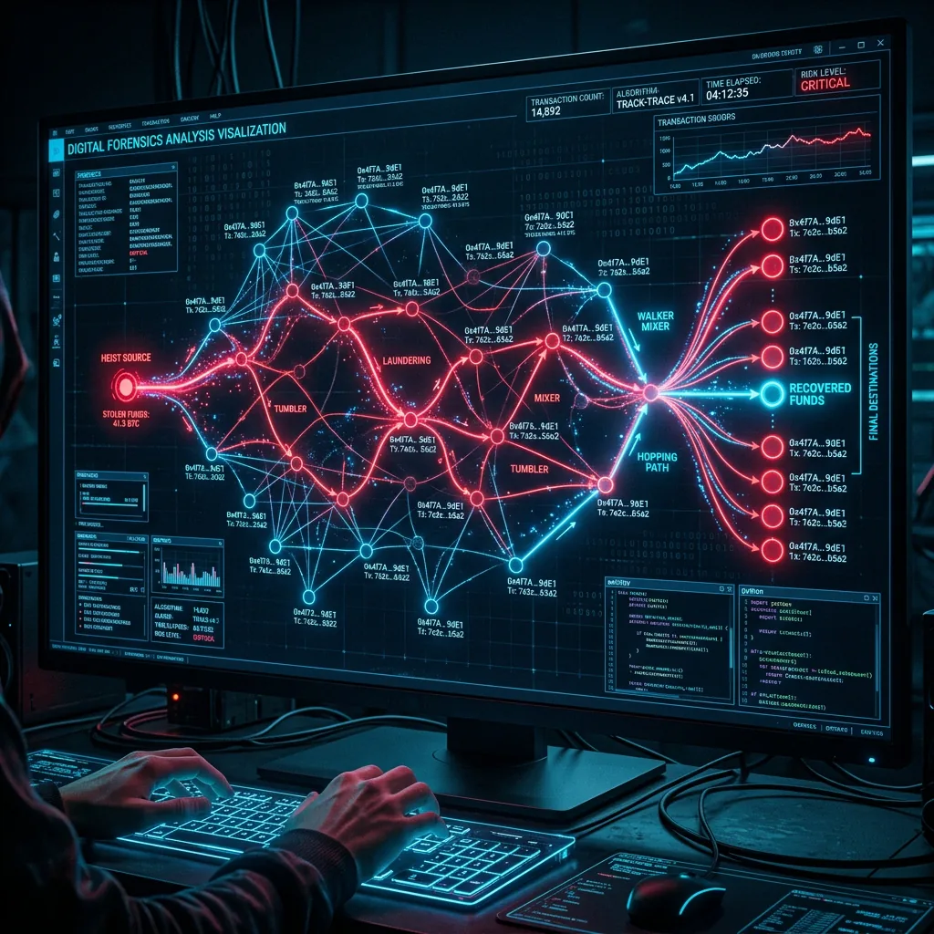 Analyst reviewing crypto transaction hashes on multiple monitors