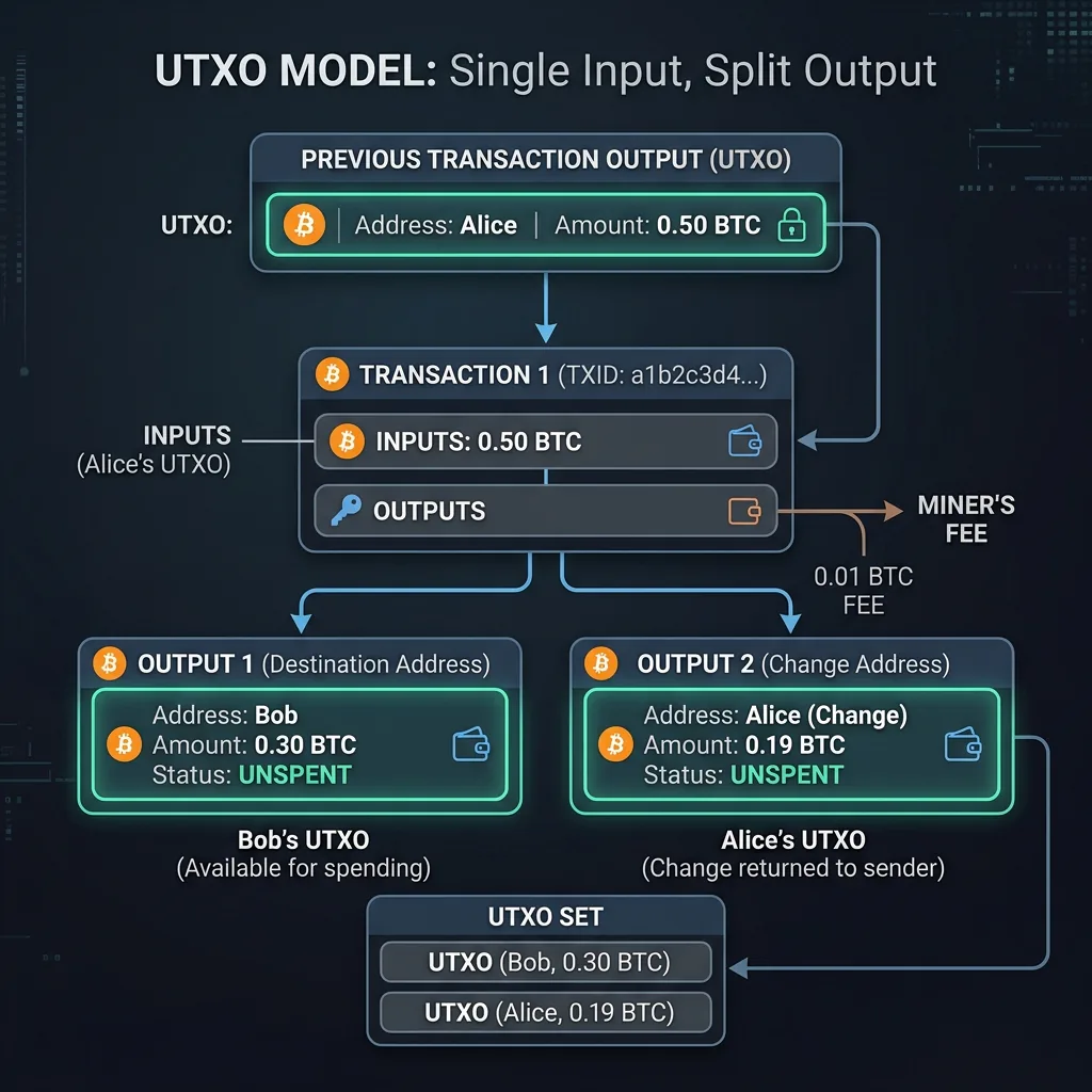 A diagram illustrating the Bitcoin UTXO inputs and outputs